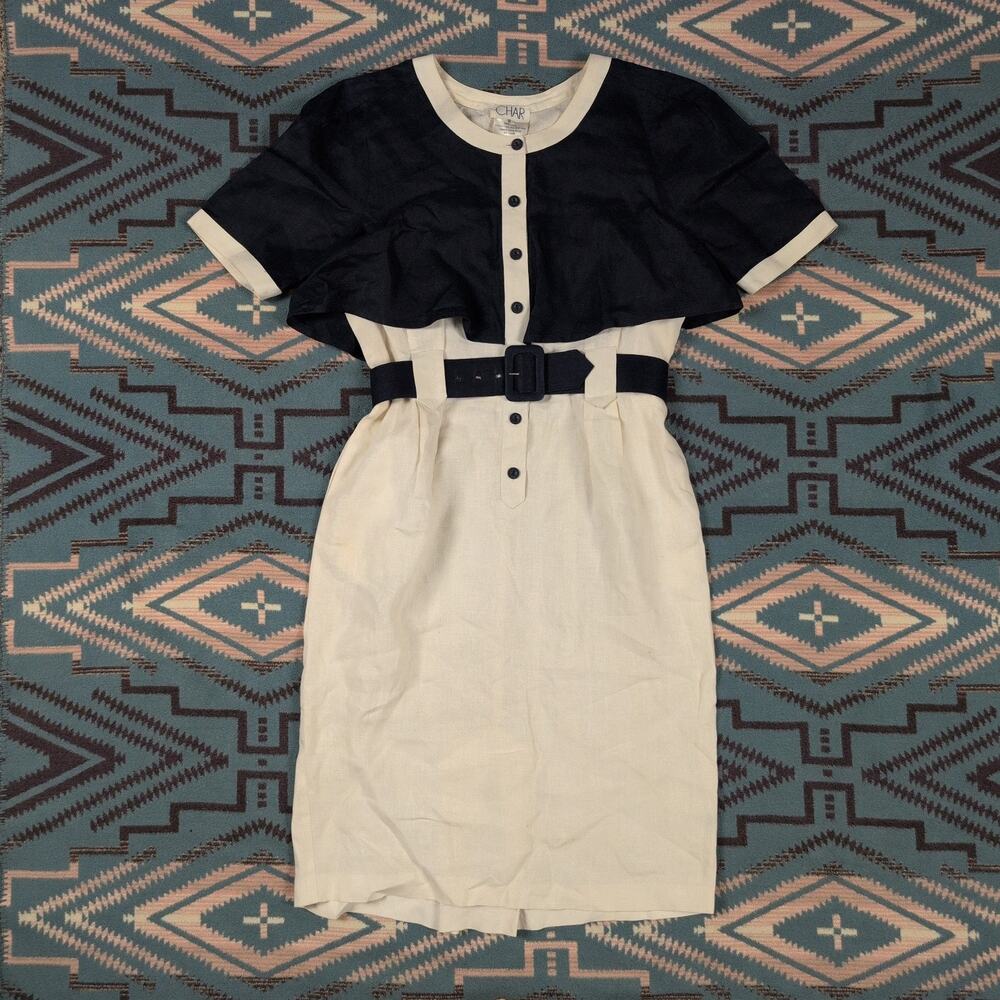 Vintage 80s Size 10 Joanie Char Navy Sailor L Cotton Linen Midi Dress Cream Blue